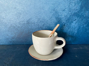 Set Cup With Saucer and Spoon, White, Speckled, Rough, Handmade