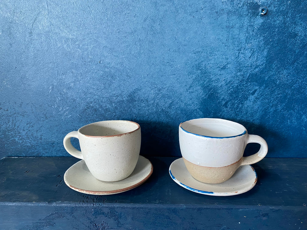 Set Cup With Saucer and Spoon, White, Speckled, Rough, Handmade