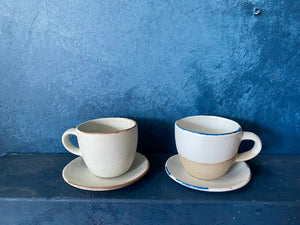 Set Cup With Saucer and Spoon, White, Speckled, Rough, Handmade