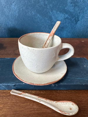 Set Cup With Saucer and Spoon, White, Speckled, Rough, Handmade