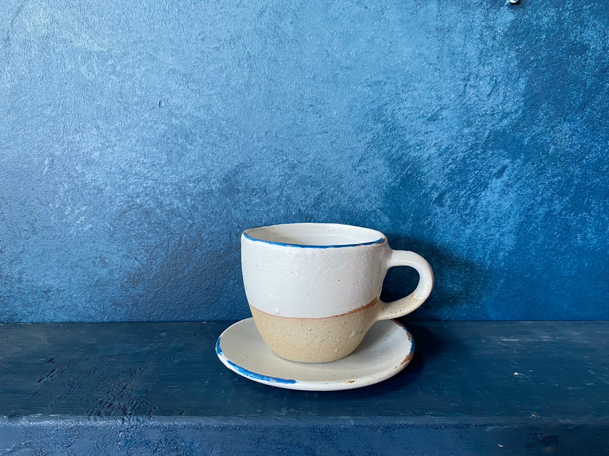 Set Cup With Saucer and Spoon, White, Speckled, Rough, Handmade