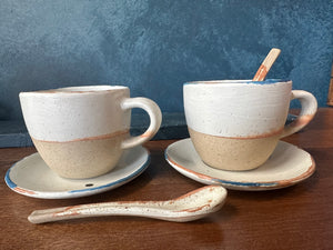 Set Cup With Saucer and Spoon, White, Speckled, Rough, Handmade