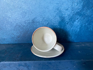 Set Cup With Saucer and Spoon, White, Speckled, Rough, Handmade