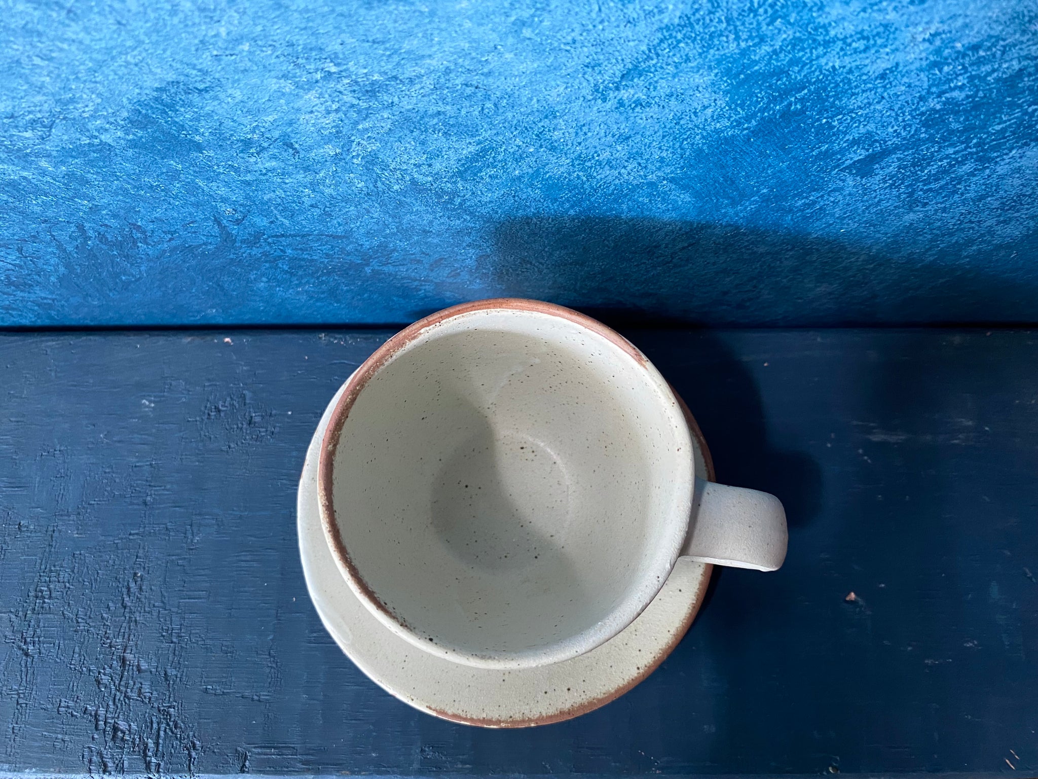 Set Cup With Saucer and Spoon, White, Speckled, Rough, Handmade