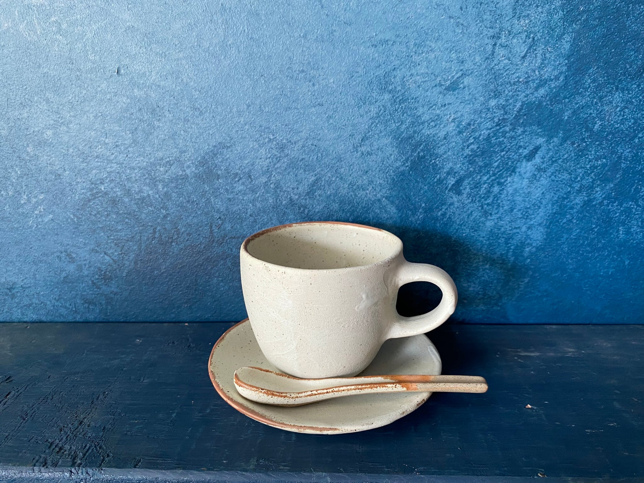 Set Cup With Saucer and Spoon, White, Speckled, Rough, Handmade