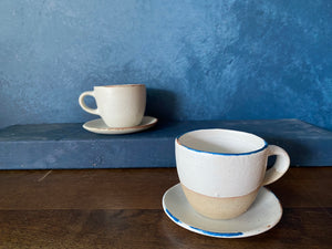 Set Cup With Saucer and Spoon, White, Speckled, Rough, Handmade