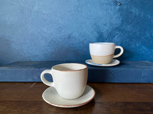 Set Cup With Saucer and Spoon, White, Speckled, Rough, Handmade