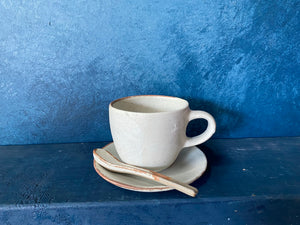 Set Cup With Saucer and Spoon, White, Speckled, Rough, Handmade