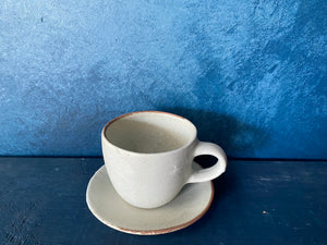 Set Cup With Saucer and Spoon, White, Speckled, Rough, Handmade