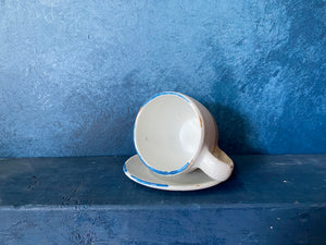 Set Cup With Saucer and Spoon, White, Speckled, Rough, Handmade