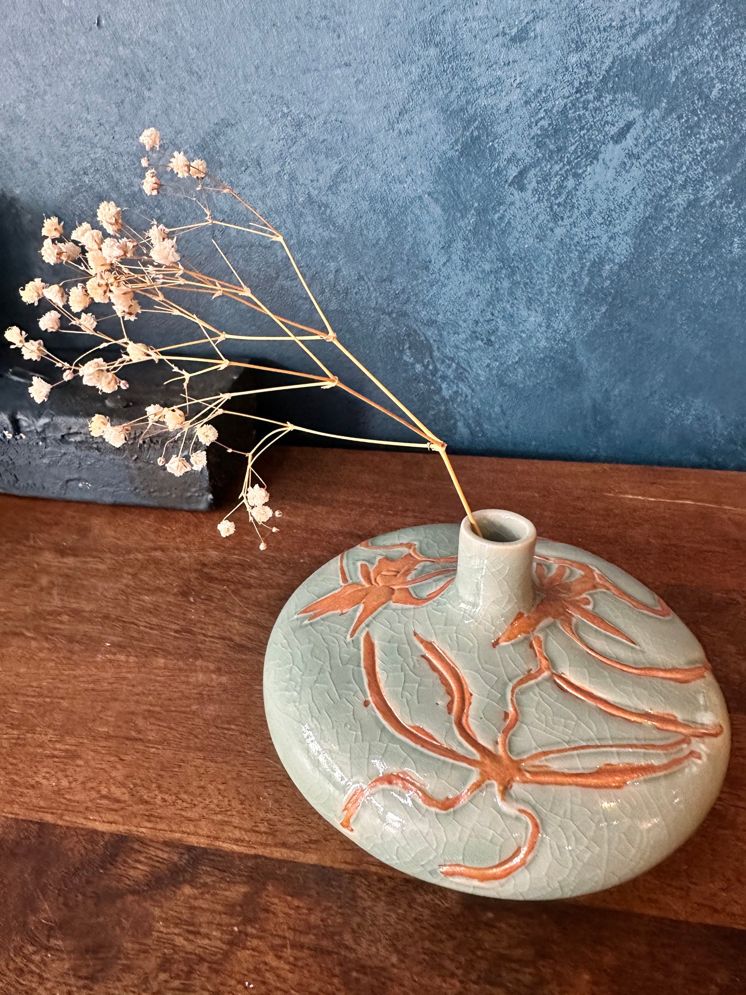 Flat Green Celadon Vase - Hand-Drawn Flower Relief