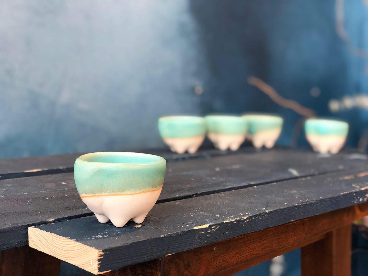 Tiny Ramekin, Turquoise, Rough at Bottom, Elephant Feet, Handmade