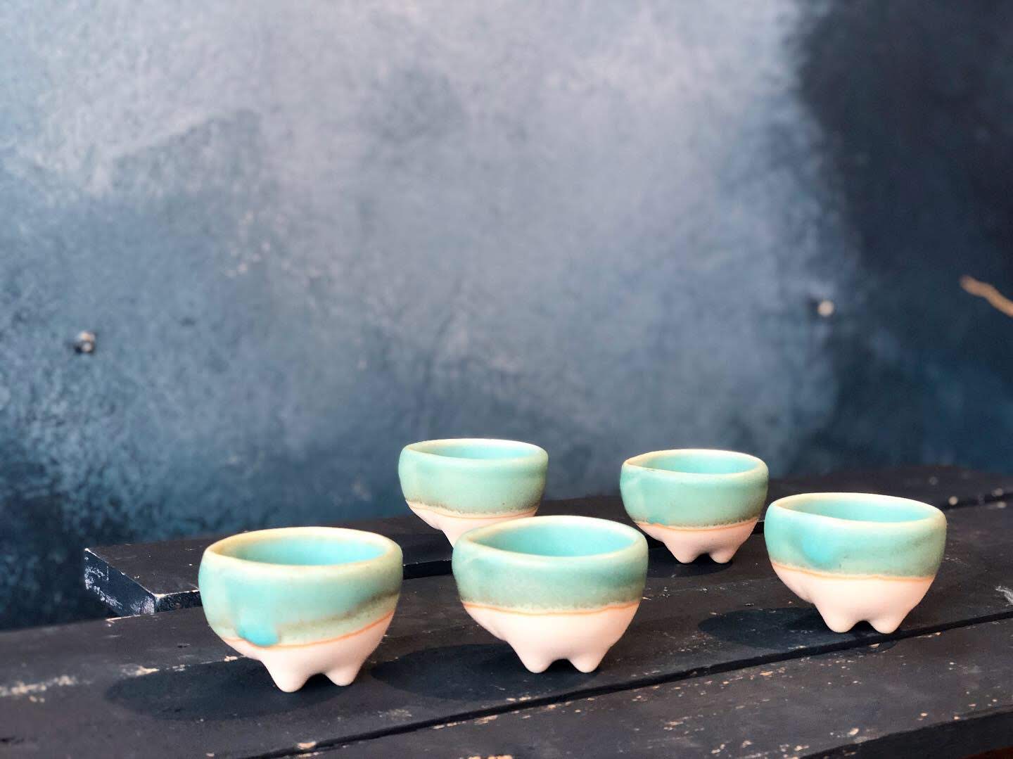 Tiny Ramekin, Turquoise, Rough at Bottom, Elephant Feet, Handmade