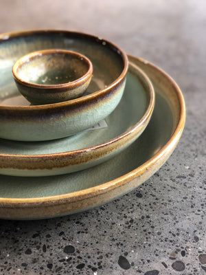Tiny Bowl/Ramekin: Round, Glossy Emerald Green, Cracked Pattern, Brown Rim, Handmade