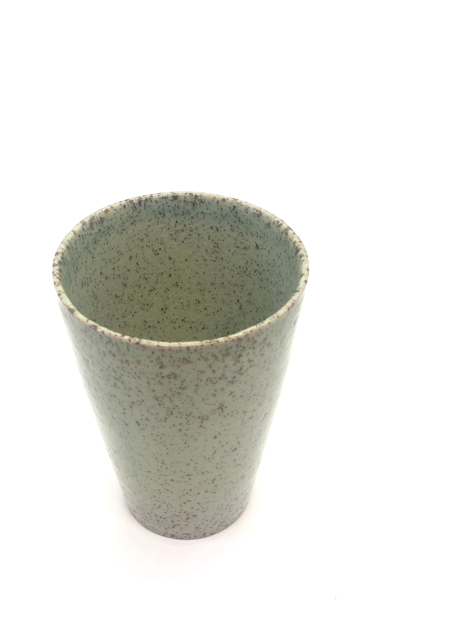 Funnel Shaped Mug, Light Moss Green, Glossy Cracked Pattern, Speckled with Natural Brown, Handmade