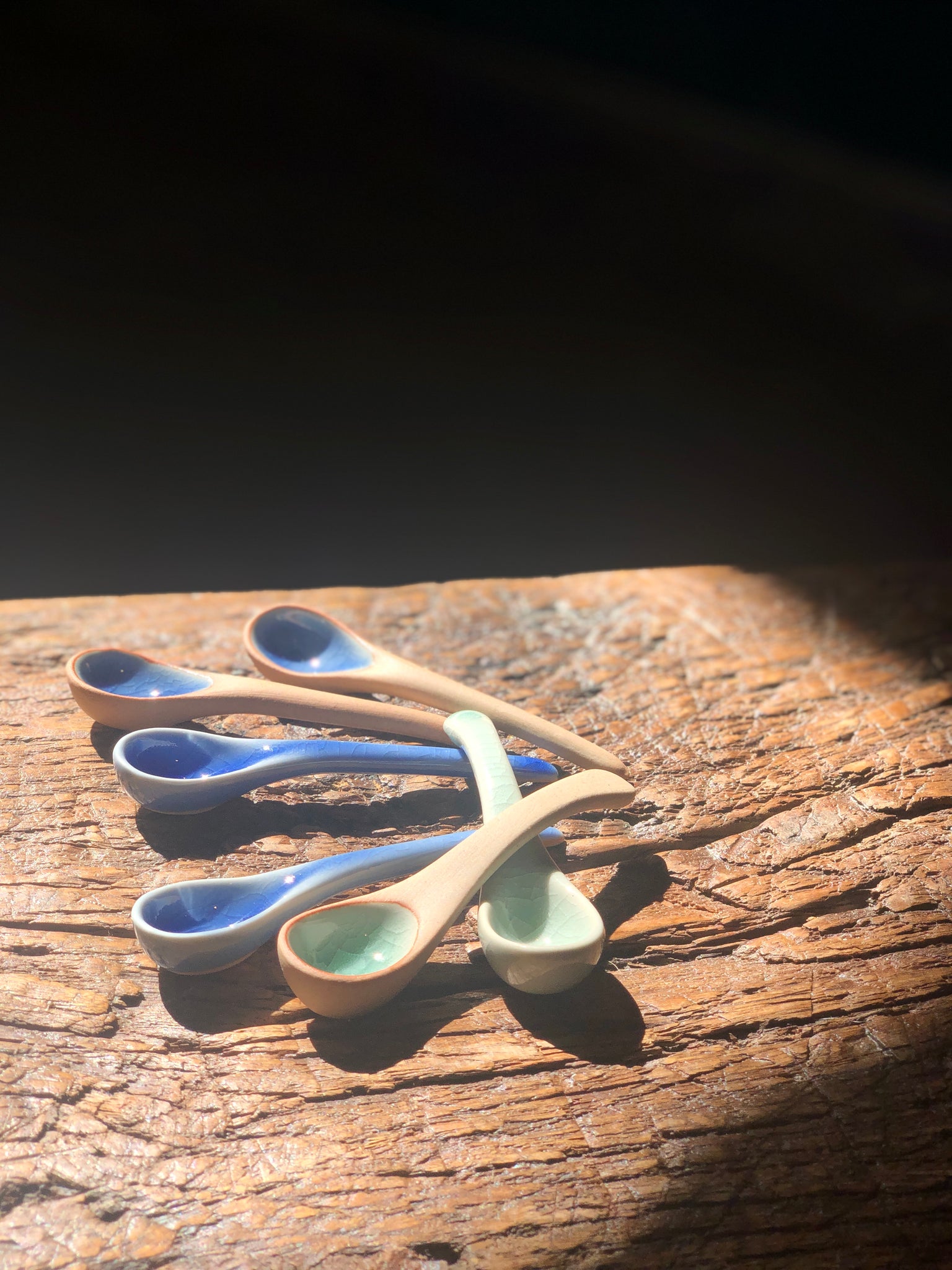Rough Handle Spoons, Shiny Cracks Blue Design, Handmade