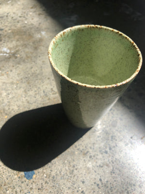 Funnel Shaped Mug, Light Moss Green, Glossy Cracked Pattern, Speckled with Natural Brown, Handmade