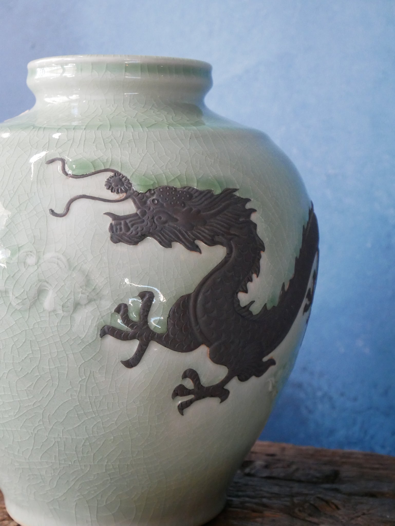 Green Celadon Vase - Black Dragon - I