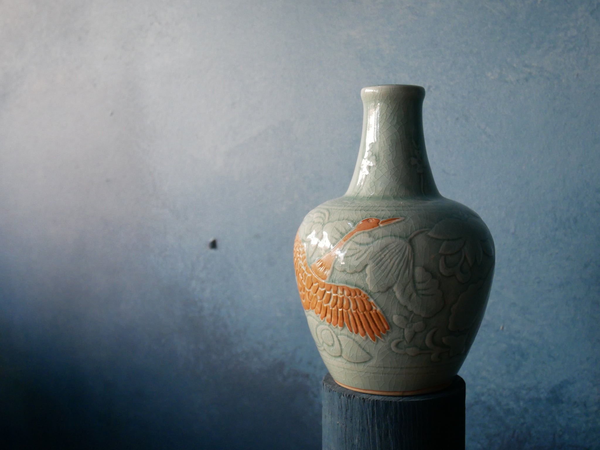 Bas Relief- Earthly Bird - Green Celadon Vase