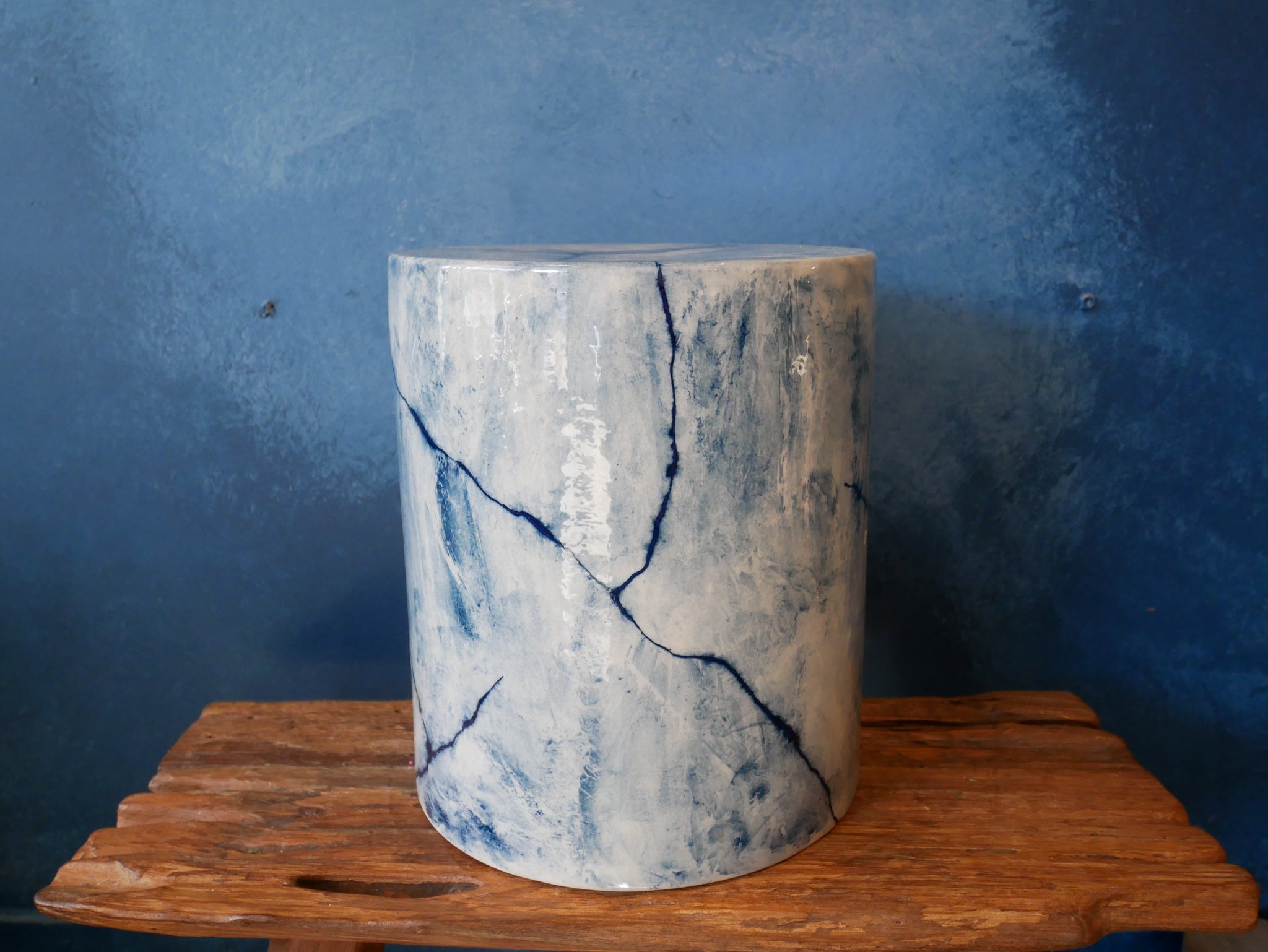 Large Stool / glazed / painted / line / blue stool