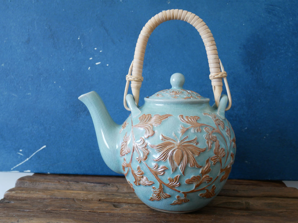 Green-Blue Celadon | Handcraft | Floral - Tea pot