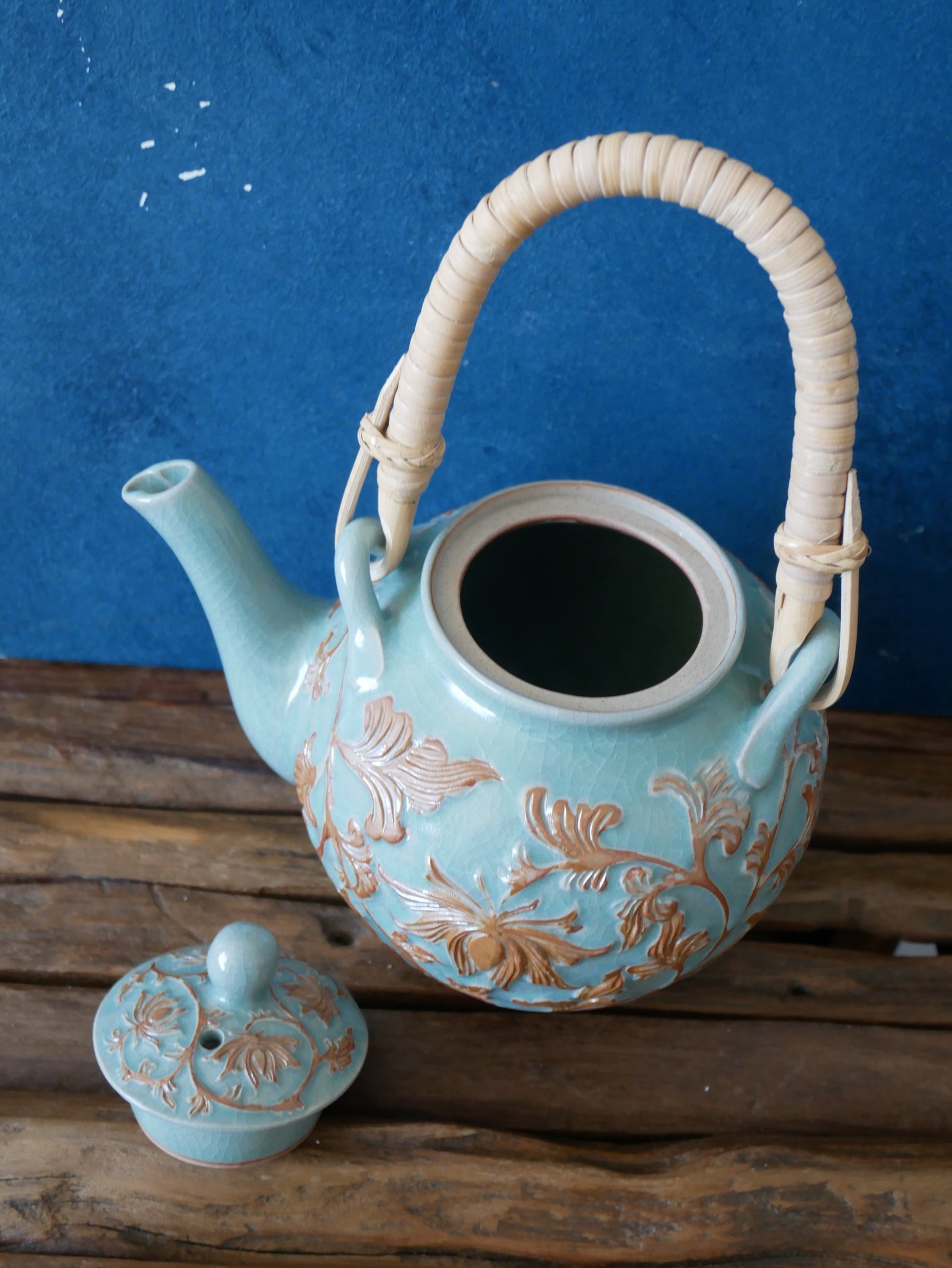 Green-Blue Celadon | Handcraft | Floral - Tea pot