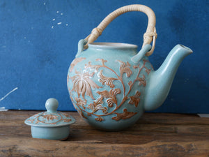 Green-Blue Celadon | Handcraft | Floral - Tea pot