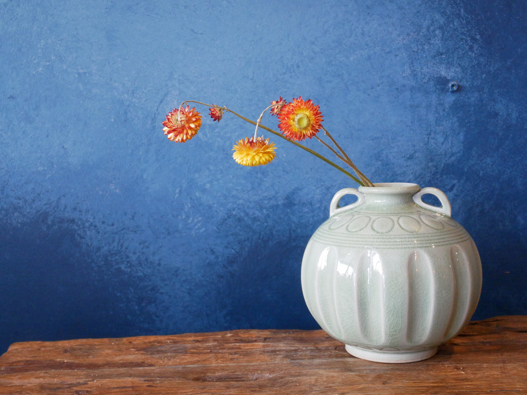 Green Celadon Round Vase with handles