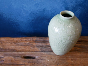 Green Celadon | Hand-drawn | Floral | Bas-relief - Vase