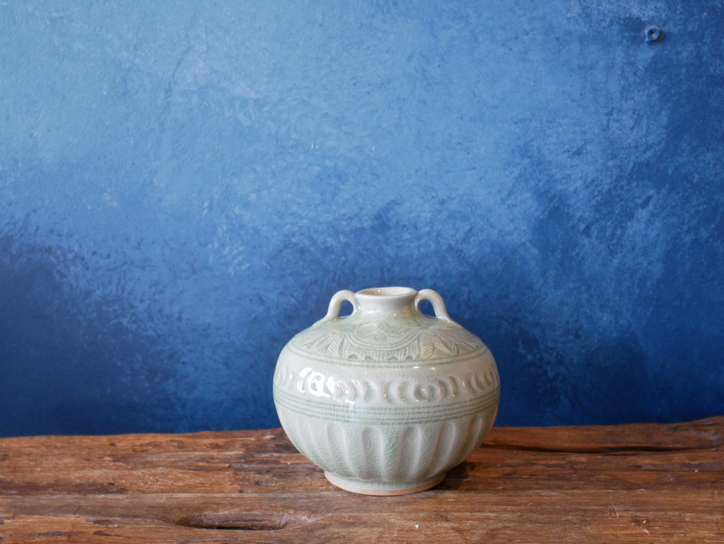 Green celadon | Hand-drawn | Bas-relief | small round vase