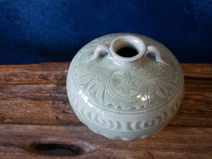 Green celadon | Hand-drawn | Bas-relief | small round vase