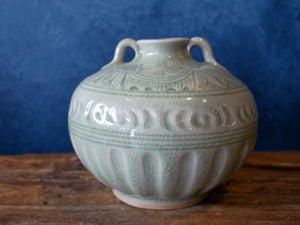 Green celadon | Hand-drawn | Bas-relief | small round vase