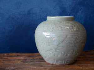Green celadon | Hand-drawn | Floral | Horse | Bas-relief - Vase